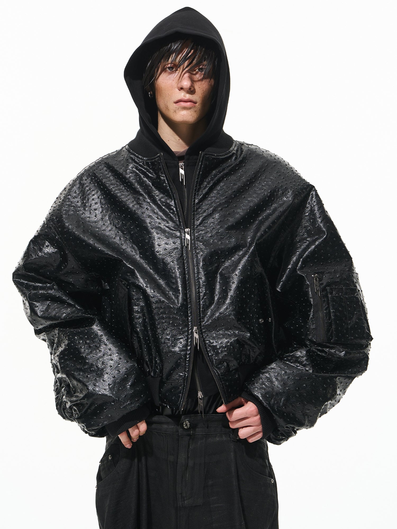 ジャケット・アウター FILTH HOODED LEATHER BOMBER JACKET FILTH HOODED LEATHER BOMBER JACKET