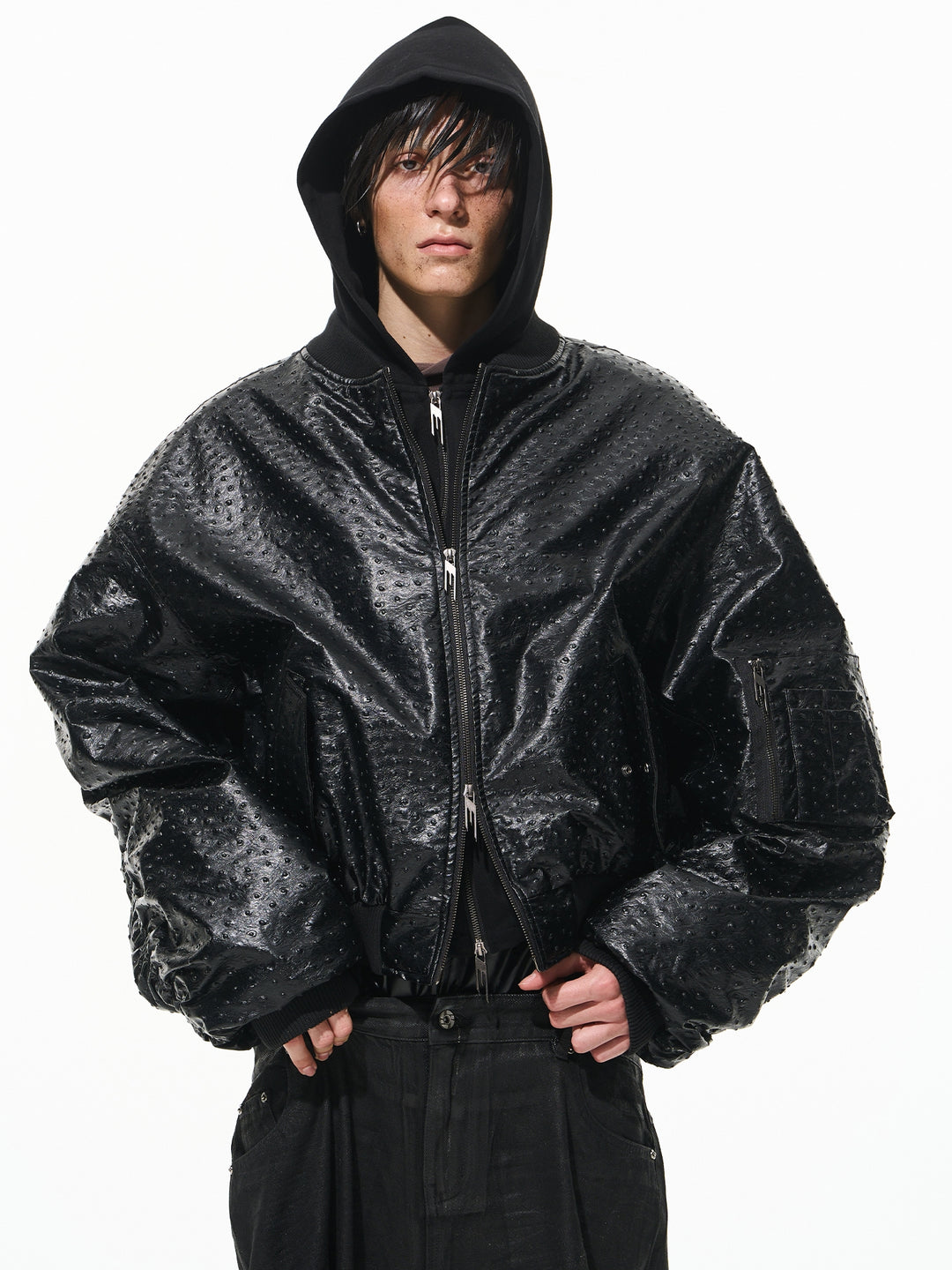 BLIND NO PLAN Ostrich Leather Faux Two-Piece Hooded Bomber Jacket | Face 3 Face