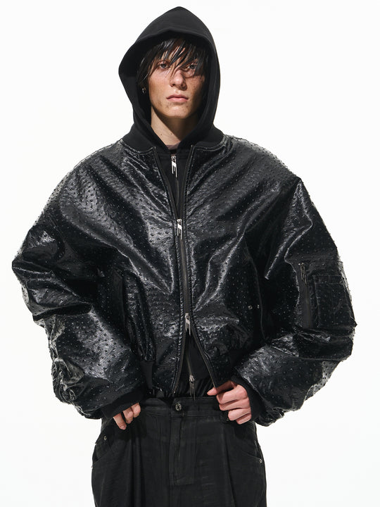 BLIND NO PLAN Ostrich Leather Faux Two-Piece Hooded Bomber Jacket | Face 3 Face