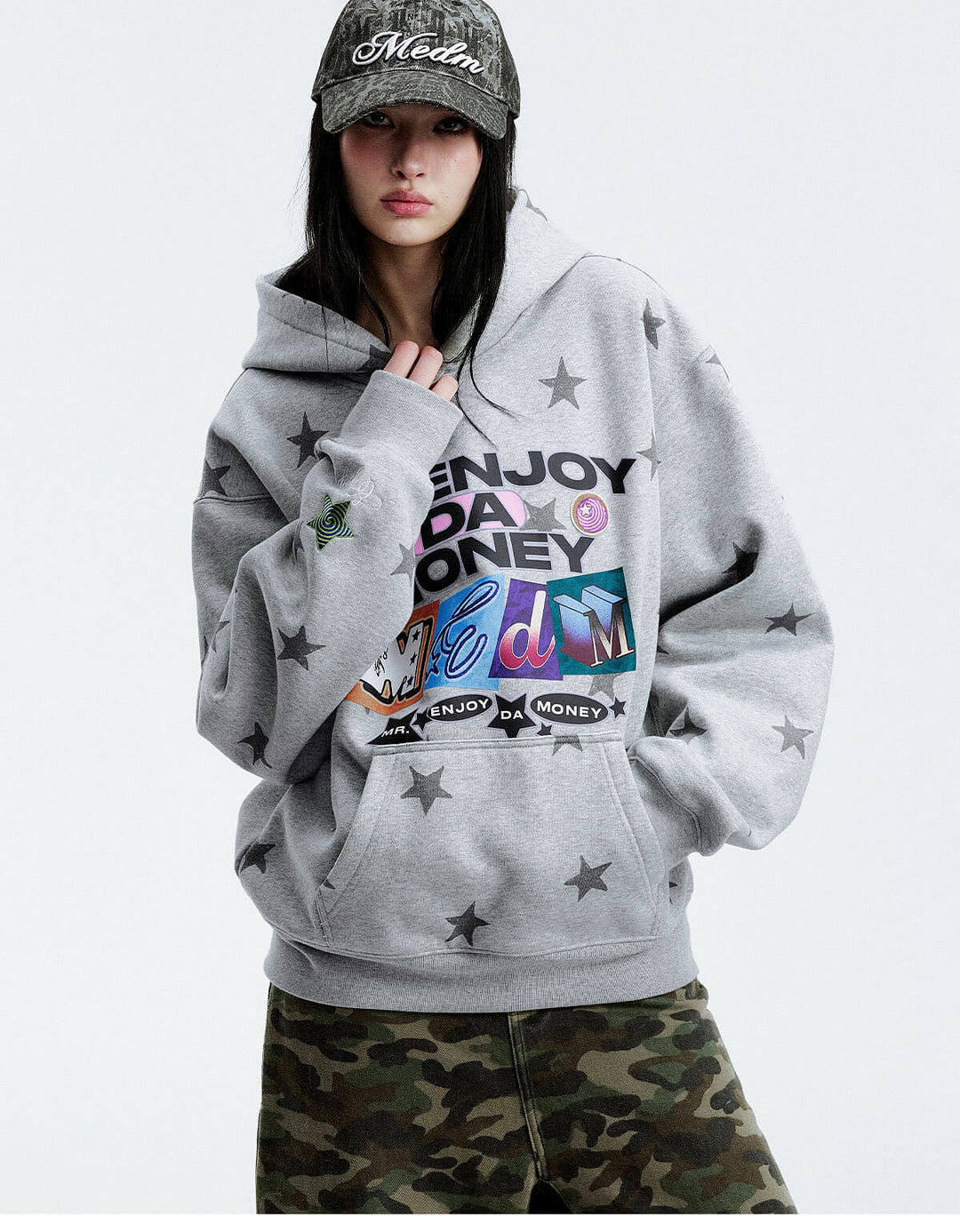 MEDM All Over Star and Graphic Logo Print Hoodie | Face 3 Face