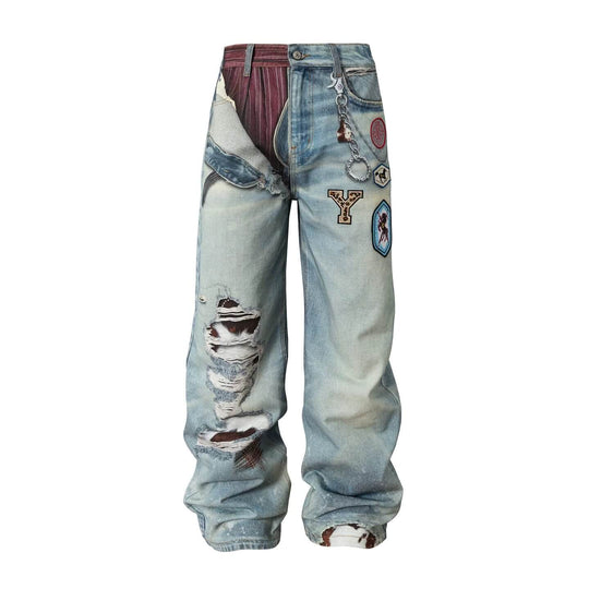 YADcrew 3D Digital Print Patch Embroidered Jeans | Face 3 Face