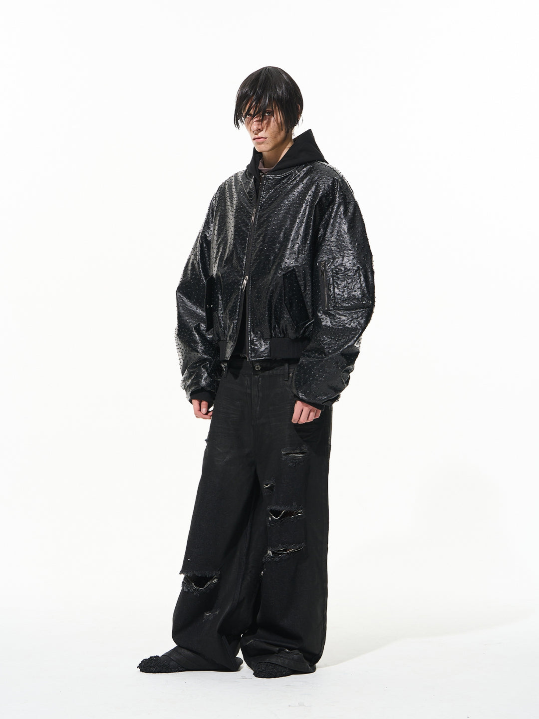 BLIND NO PLAN Ostrich Leather Faux Two-Piece Hooded Bomber Jacket | Face 3 Face