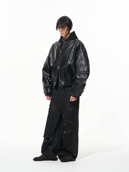 BLIND NO PLAN Ostrich Leather Faux Two-Piece Hooded Bomber Jacket | Face 3 Face