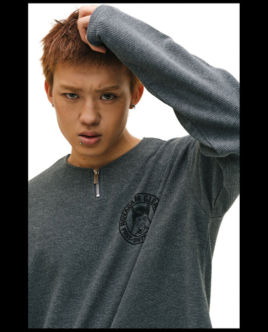 NOVACAM Waffle Vintage Print Zip Long Sleeve Tee | Face 3 Face