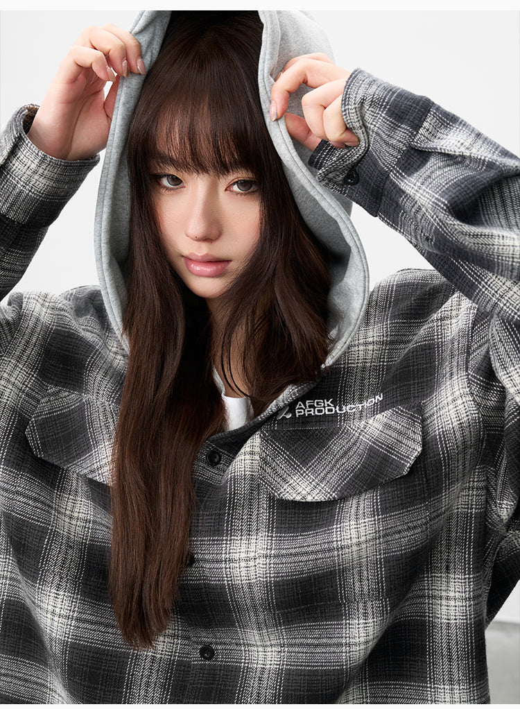 AFGK Plaid Embroidered Hooded Long Sleeve Shirt | Face 3 Face