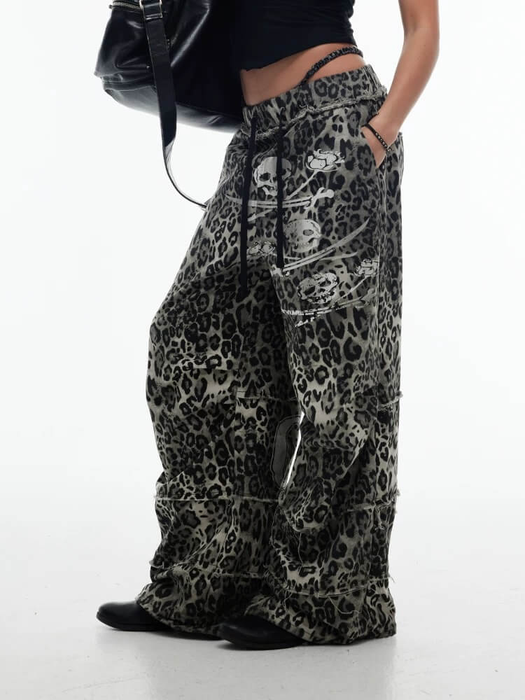 Night Lab Skull Pirate Leopard Printed Distressed Pants | Face 3 Face