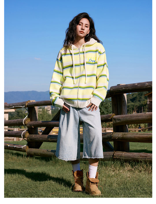 MEDM Colorful Stripes Zip-Up Knit Hoodie | Face 3 Face