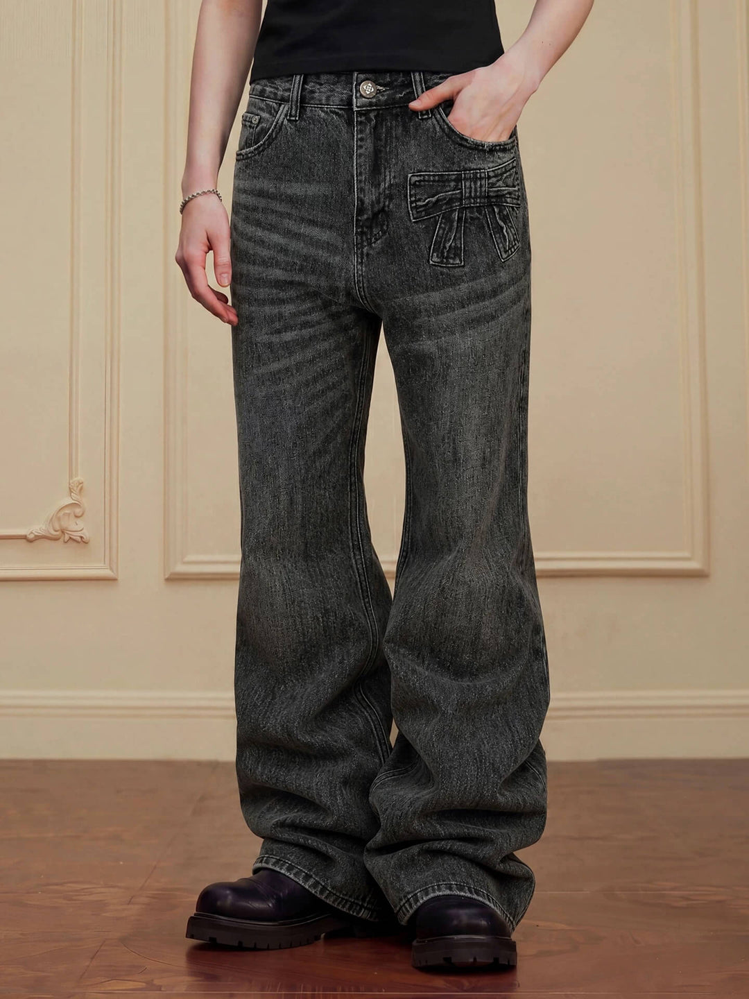 YADcrew Ribbon Patch Distressed Vintage Flared Jeans | Face 3 Face