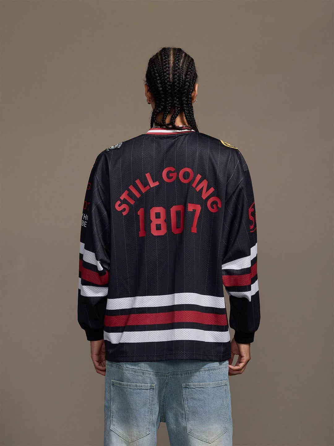 1807 Print Patch V Neck Mesh Long Sleeve Hockey Jersey | Face 3 Face