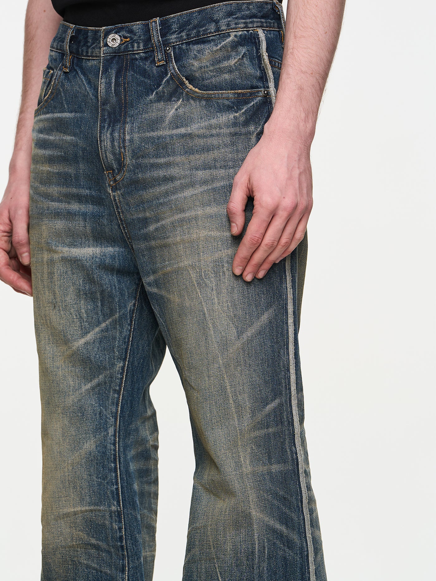 BLIND NO PLAN Blue Washed Whiskered Distressed Bootcut Jeans | Face 3 Face