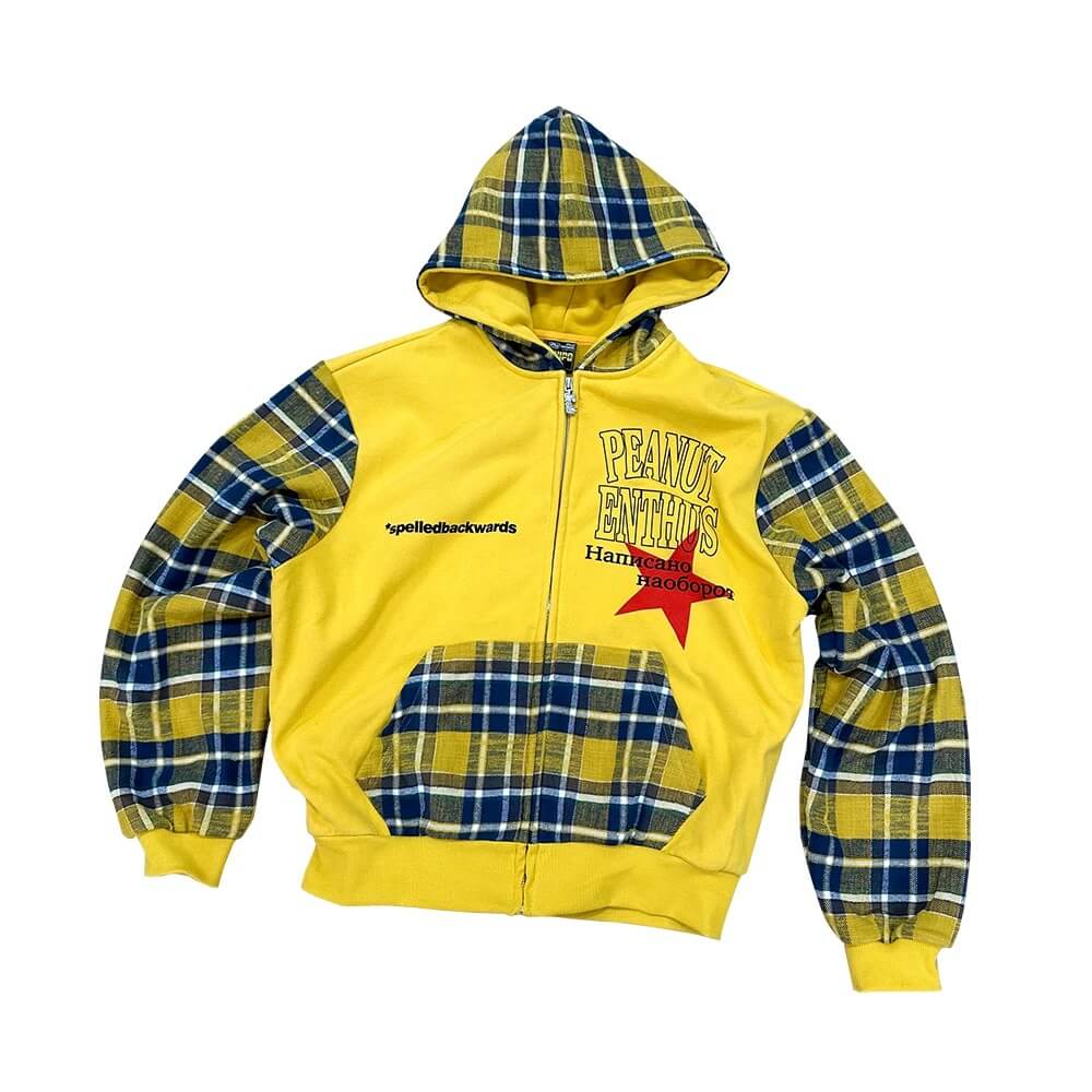 EVETS Contrast Plaid Patchwork Zip Up Hoodie