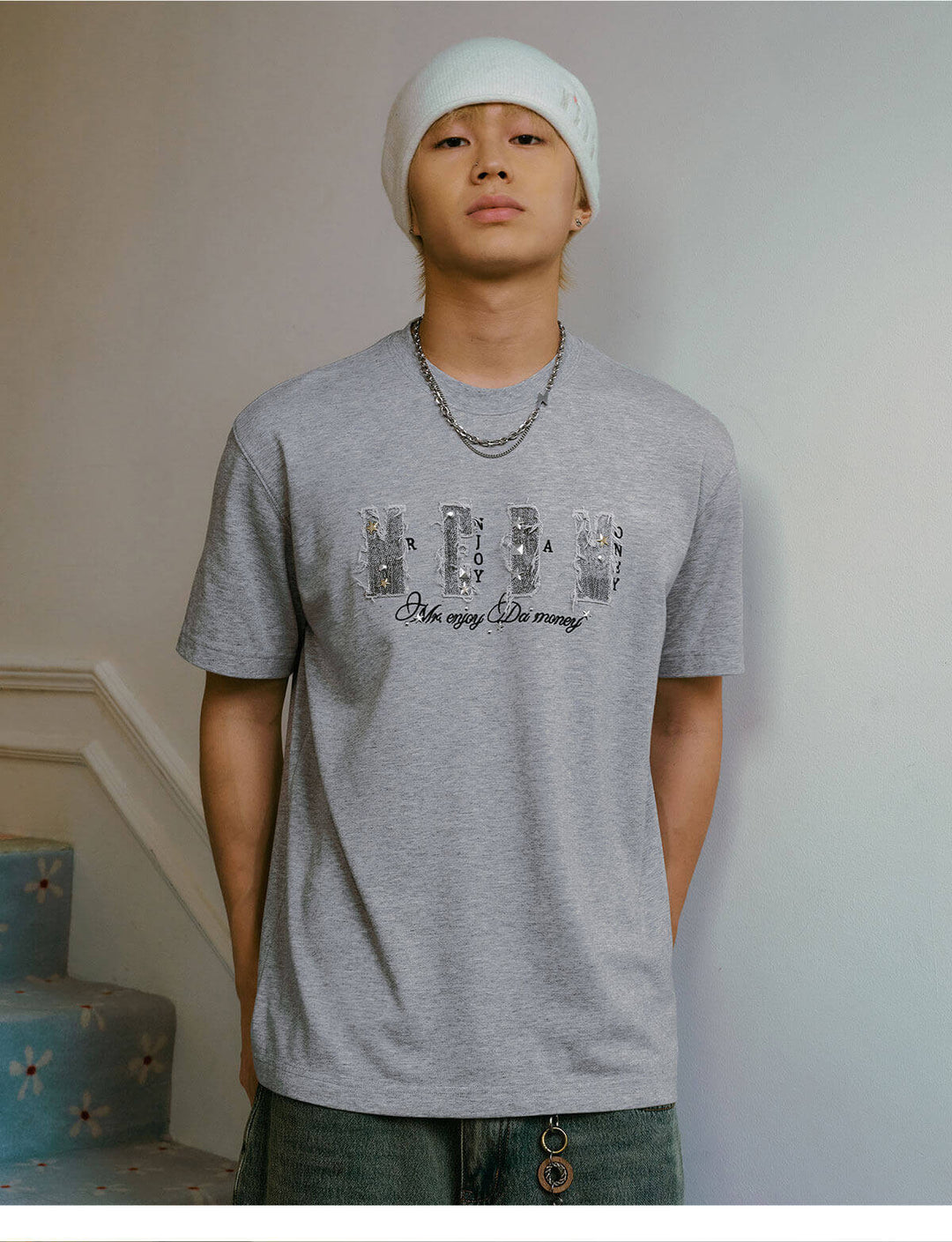 MEDM Distressed Denim Logo Patch Studded Short Sleeve Tee | Face 3 Face