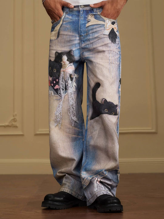 YADcrew Black Cat And Bow Print Baggy Jeans | Face 3 Face