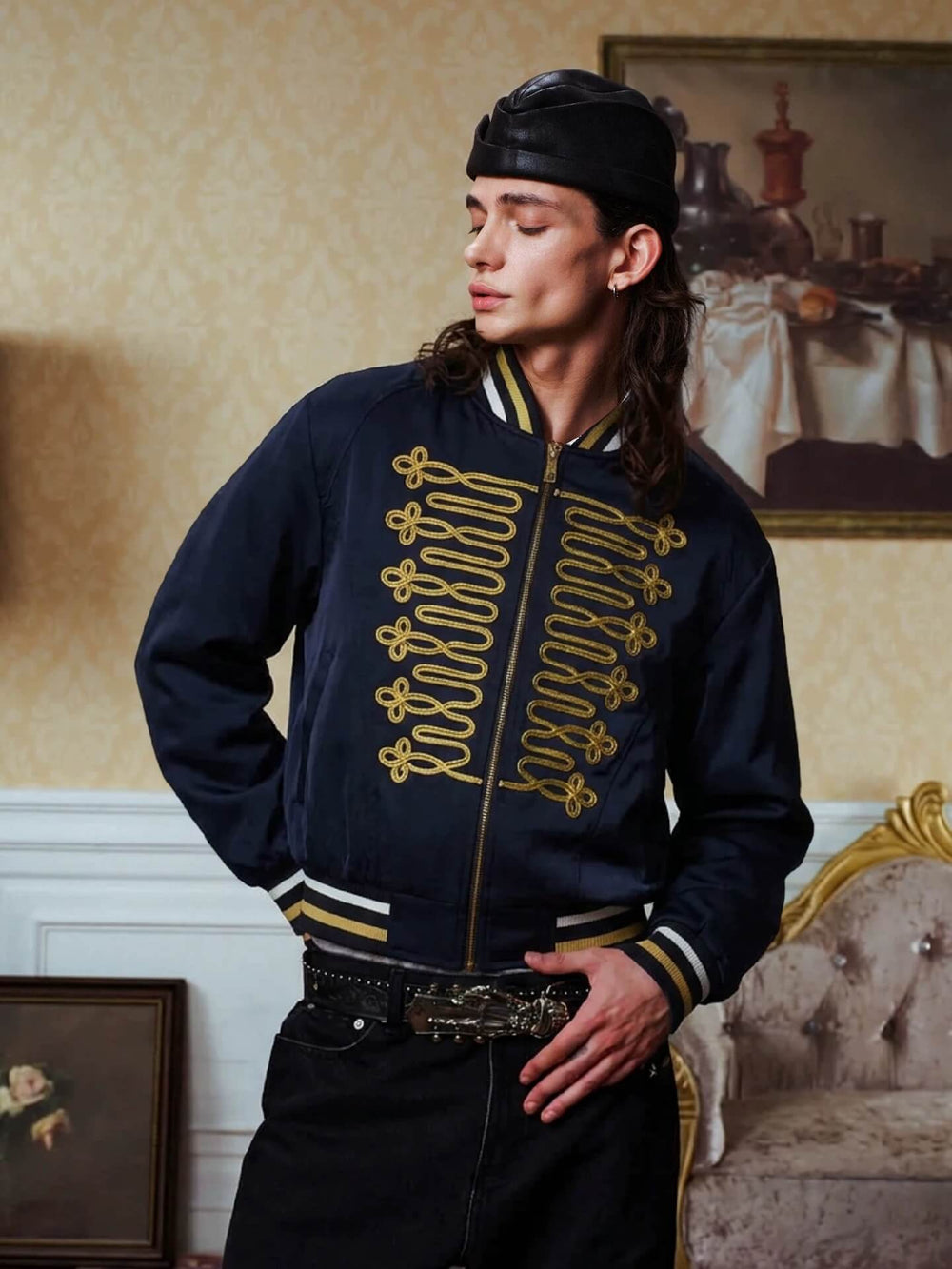 YADcrew Napoleon Braid Embroidered Shiny Bomber Jacket | Face 3 Face