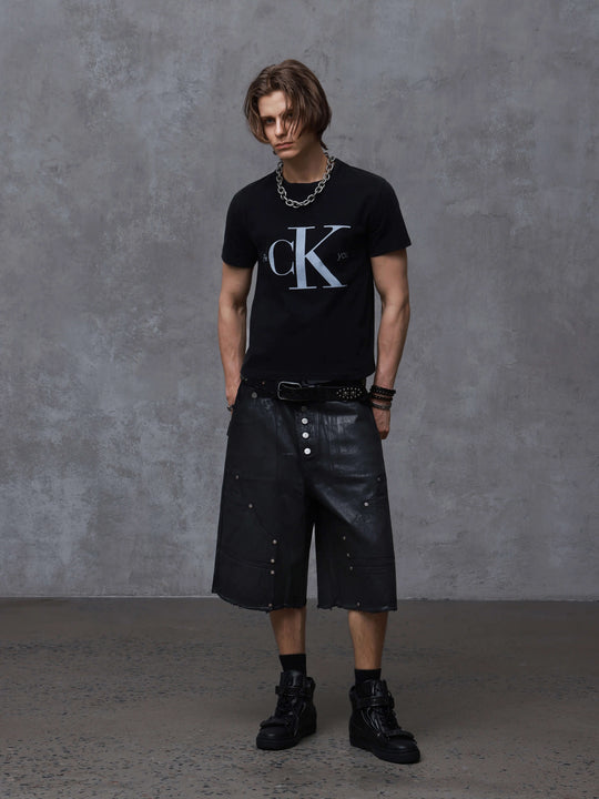 ANTIDOTE Brushed Waxed Studded Double Knee Cutoff Baggy Shorts | Face 3 Face