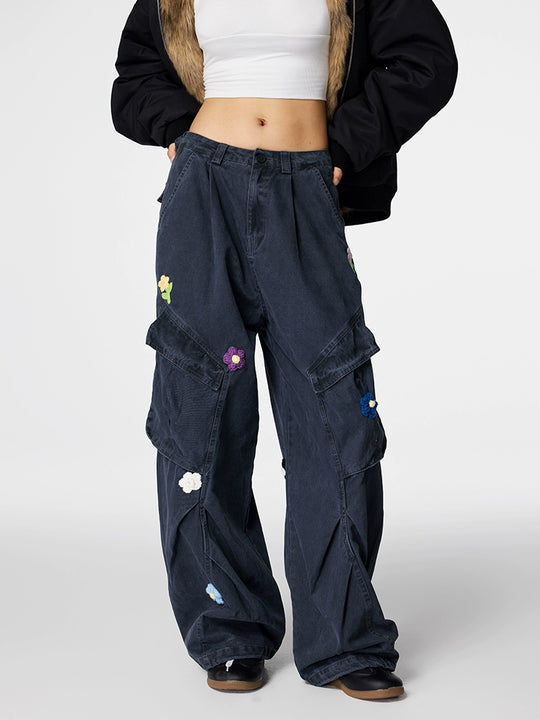 Achock Washed Multi Pocket Flower Embroidery Work Cargo Pants | Face 3 Face