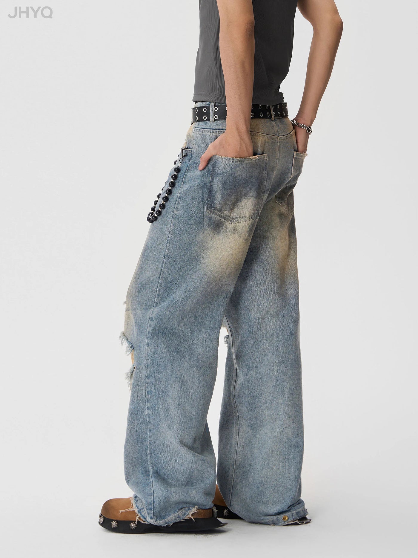 JHYQ Washed Holes Old Dirty Dyed Baggy Jeans