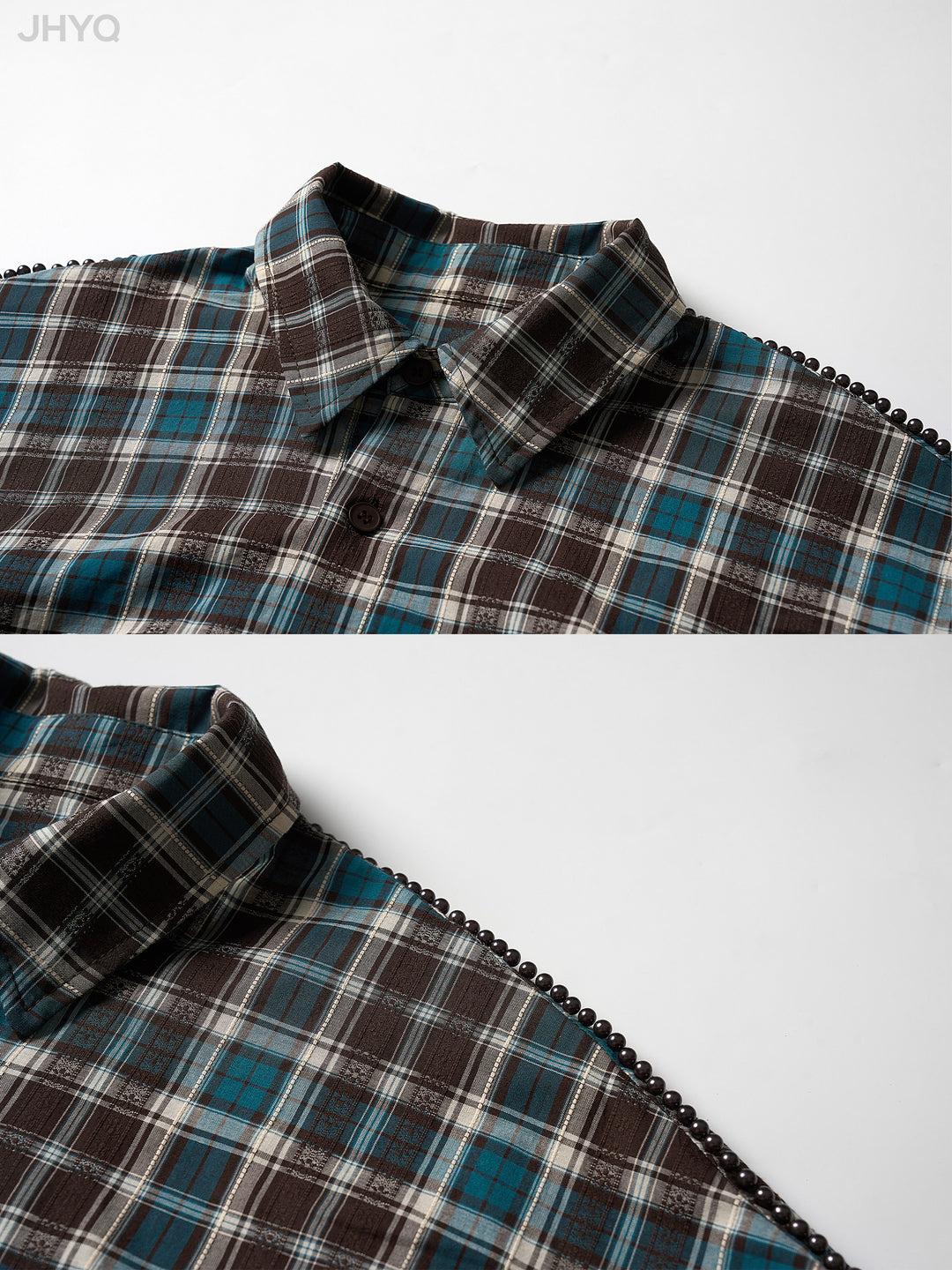 JHYQ Beaded Shoulder Plaid Short Sleeve Shirt