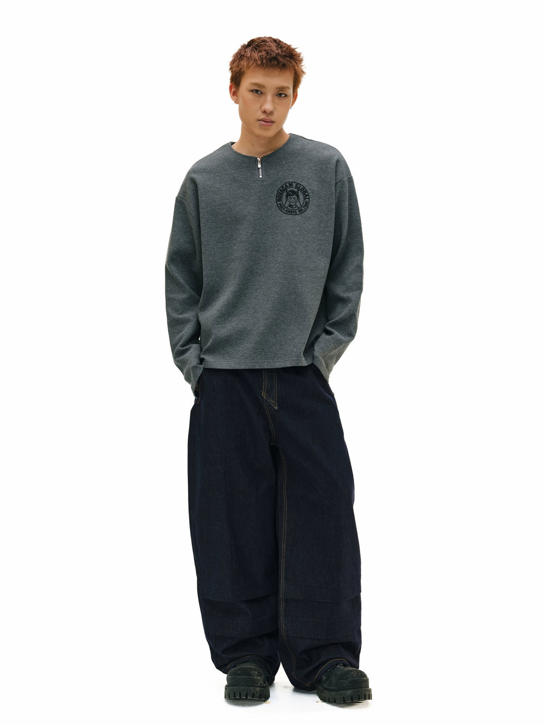 NOVACAM Waffle Vintage Print Zip Long Sleeve Tee | Face 3 Face