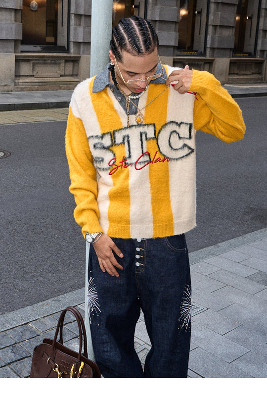 STEEPC Vertical Stripe Brushed Knit Polo Sweater | Face 3 Face