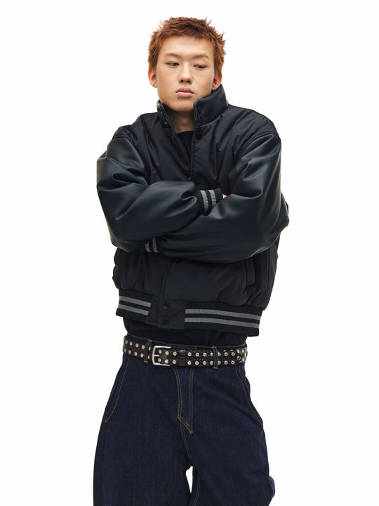 NOVACAM PU Leather Sleeve Puffer Varsity Jacket | Face 3 Face