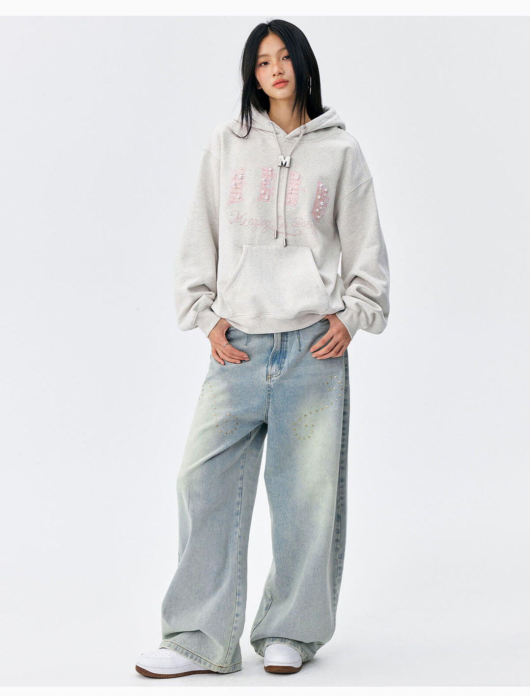 MEDM M Buckled Drawstring Pearl Logo Embroidered Hoodie | Face 3 Face