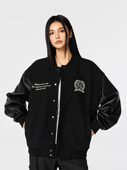 Racer varsity jacket | Achock Basic Logo Embroidery Black Varsity Jacket | Face 3 Face