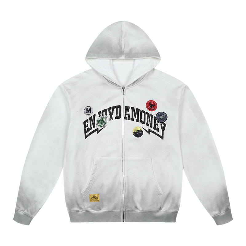 MEDM Gradient Washed Logo Print Embroidered Patch Zip-Up Hoodie | Face 3 Face