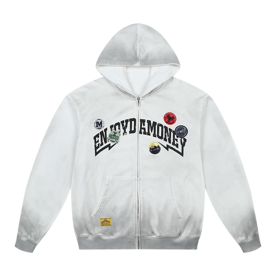 MEDM Gradient Washed Logo Print Embroidered Patch Zip-Up Hoodie | Face 3 Face