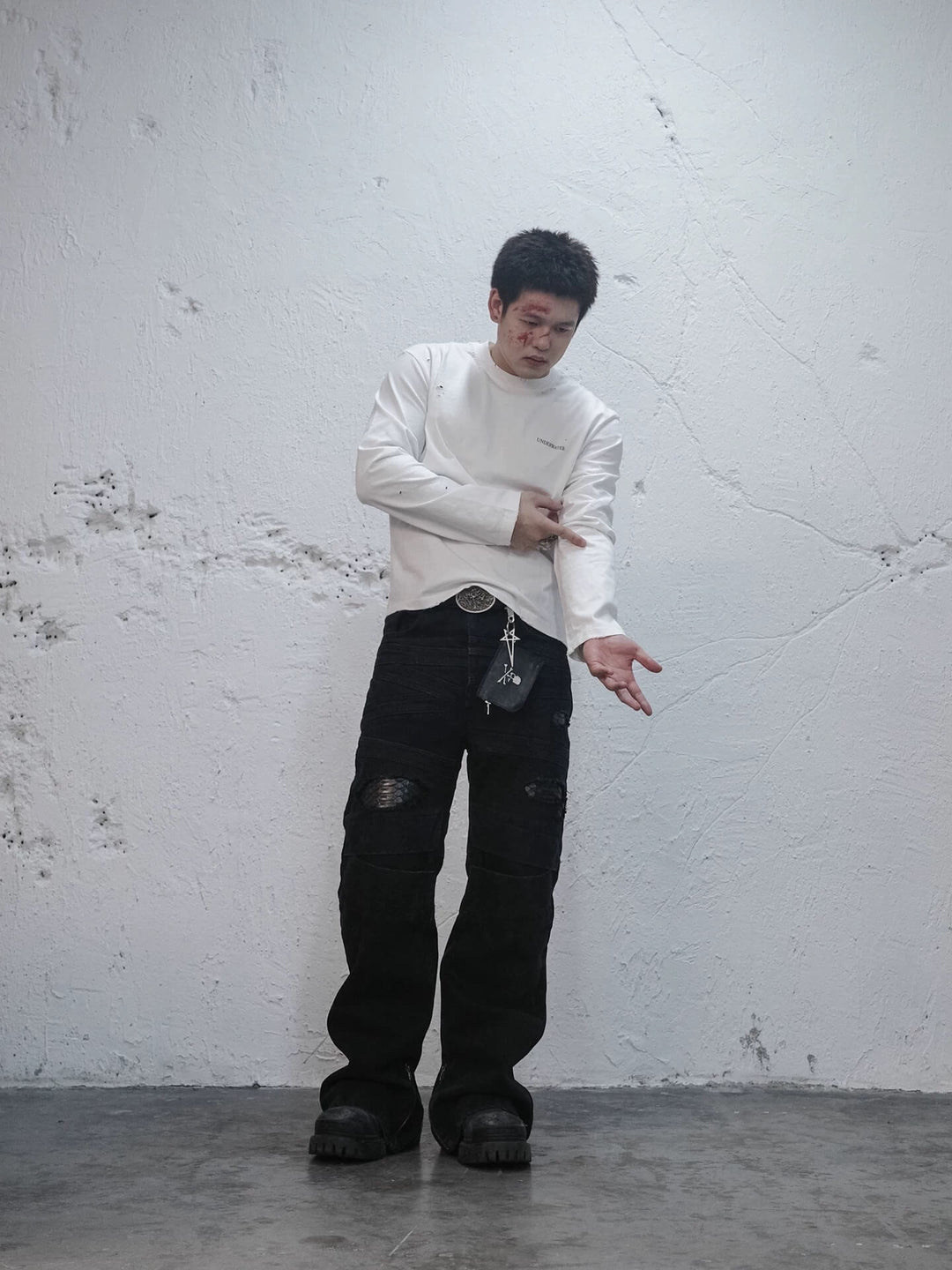 UNDERWATER White Demon Print Distressed Long Sleeve Tee | Face 3 Face