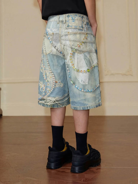 YADcrew Denim Pearl Bead Chain Digital Print Shorts | Face 3 Face