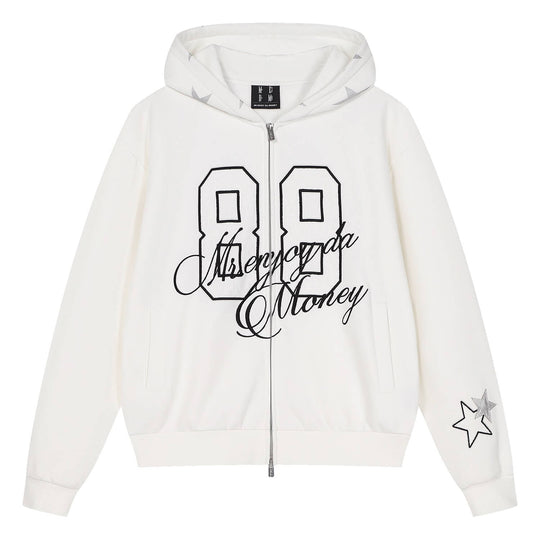 MEDM Lace Number Embroidered Star Print Zip Up Hoodie | Face 3 Face