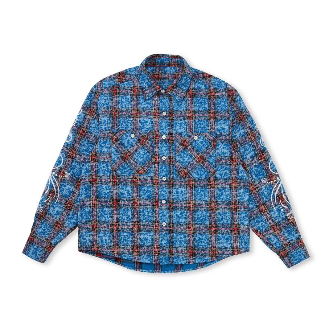 EVILKNIGHT(EK) Floral Embroidered Plaid Long Sleeve Shirt | Face 3 Face