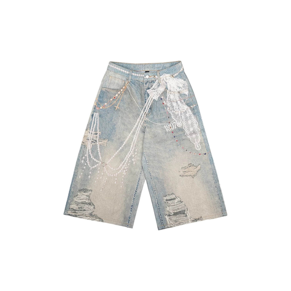1807 Pearl Denim Transfer Print Cropped Shorts | Face 3 Face