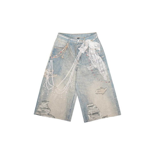 1807 Pearl Denim Transfer Print Cropped Shorts | Face 3 Face