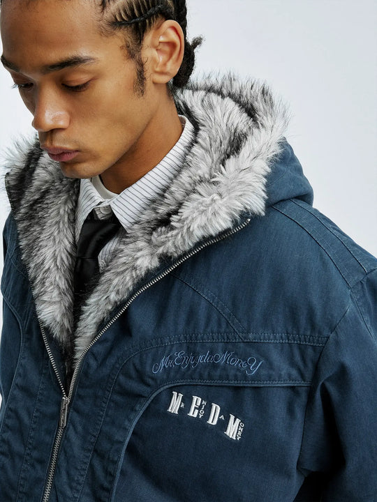 MEDM Fur Lined Washed Work Hooded Jacket | Face 3 Face