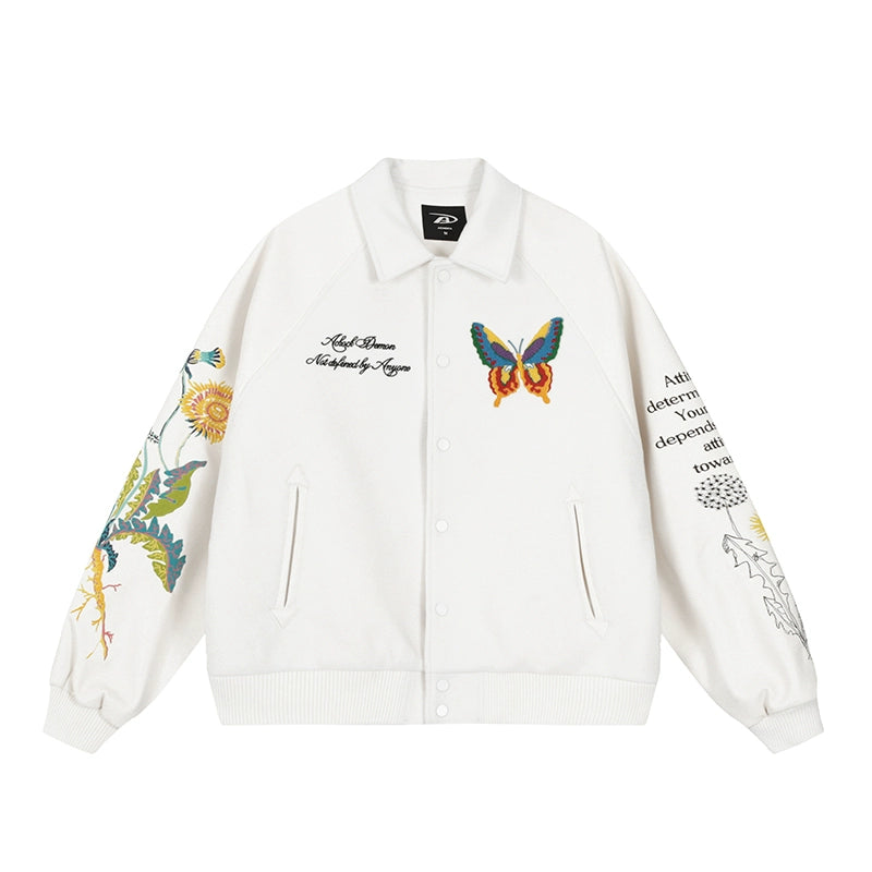 Racer varsity jacket | Achock Colorful Butterfly Embroidery Varsity Jacket | Face 3 Face