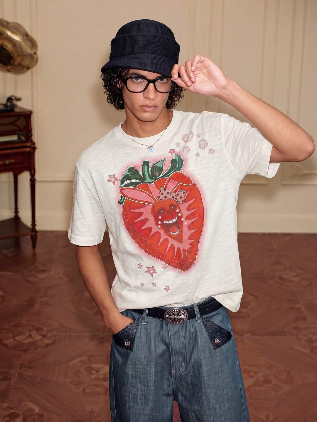 YADcrew Berry Bone Sweetheart Print Pearl and Rhinestone Tee | Face 3 Face