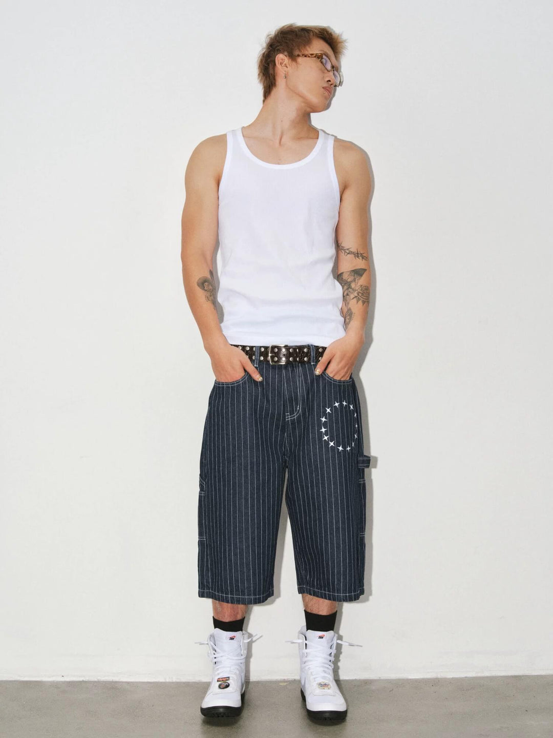 NOVACAM Circle Star Print Pinstripe Baggy Denim Shorts | Face 3 Face