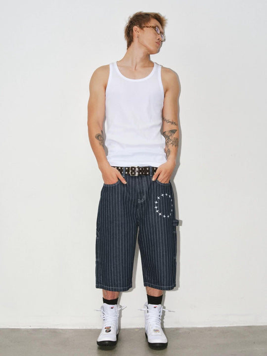 NOVACAM Circle Star Print Pinstripe Baggy Denim Shorts | Face 3 Face