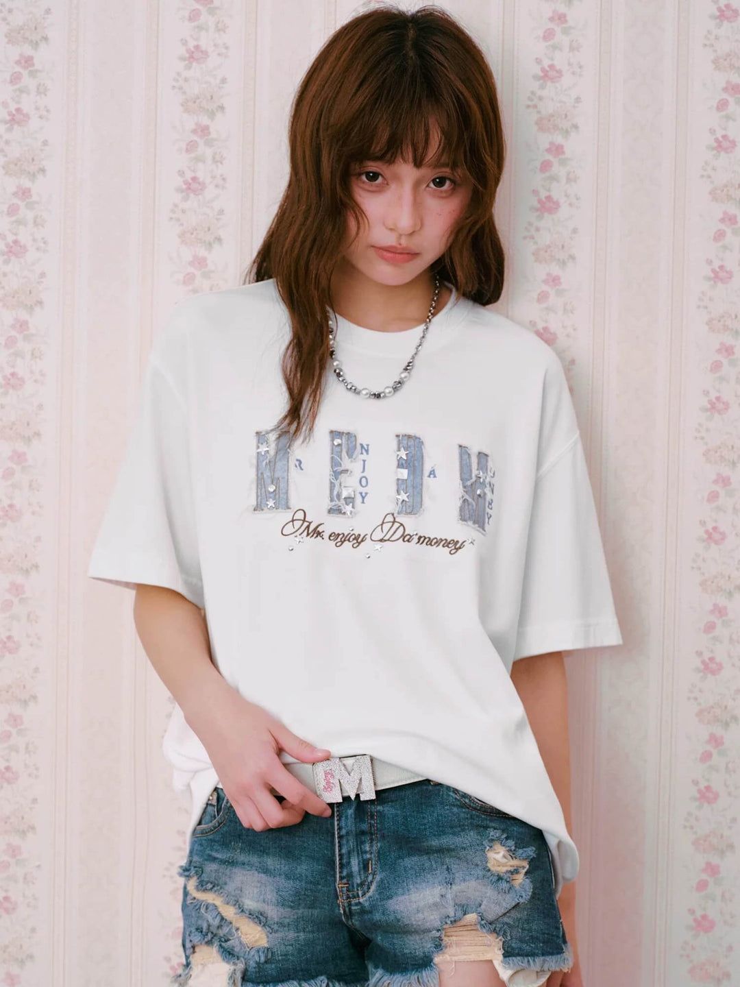 MEDM Distressed Denim Logo Patch Studded Short Sleeve Tee | Face 3 Face
