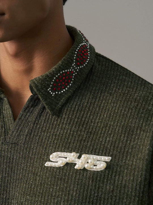 S45 Pearl and Rhinestone Long Sleeve Polo | Face 3 Face