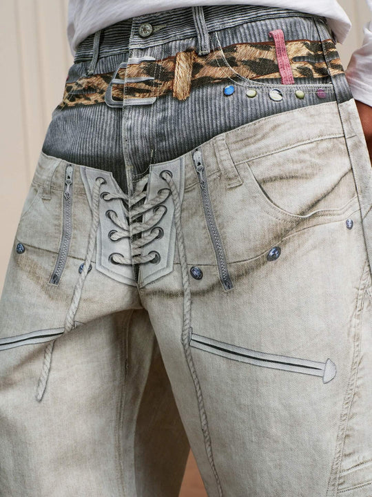 YADcrew Leopard Belt Double Waist 3D Digital Print Machete Jeans | Face 3 Face