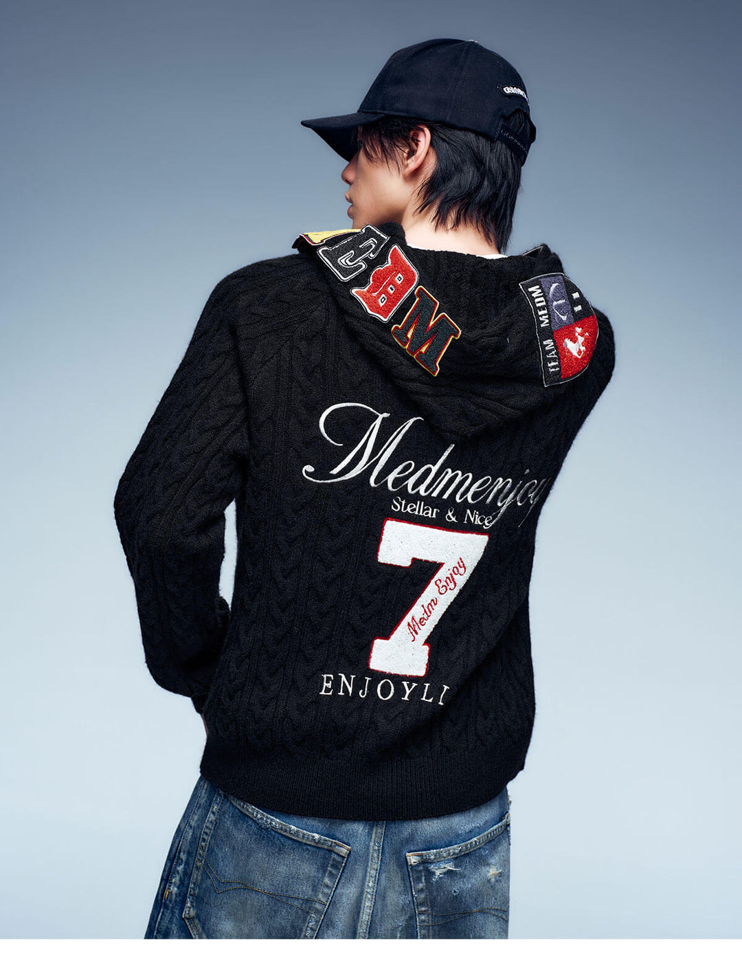 MEDM Patch Applique Zip Up Knit Hoodie | Face 3 Face