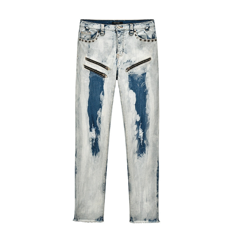 VENTUREK Bleach Wash Rivet Zipper Slim Jeans | Face 3 Face