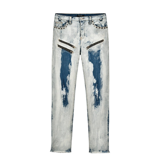 VENTUREK Bleach Wash Rivet Zipper Slim Jeans | Face 3 Face