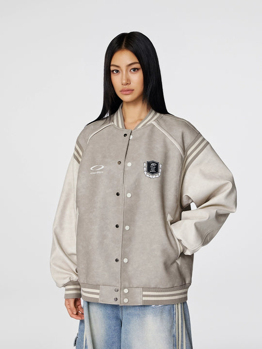 Racer varsity jacket | Achock Color Blocking PU Leather Varsity Jacket | Face 3 Face