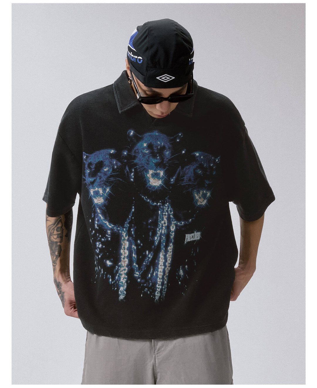 F2CE Washed Distressed Waffle Vintage Print Short Sleeve Polo Shirt | Face 3 Face