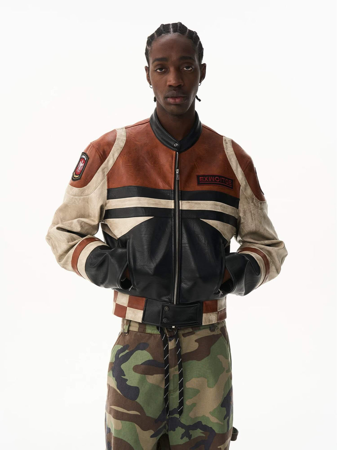 EXITMODE BY BLIND NO PLAN Vintage Color Block PU Leather Short Racing Jacket | Face 3 Face
