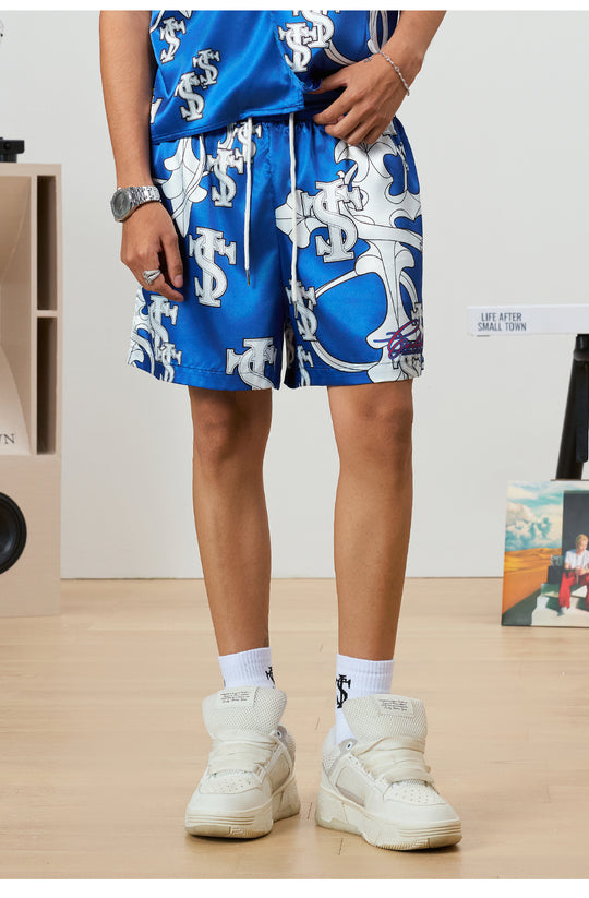 Small Town Kid Monogram Cross Logo Satin Cuban Shirt Set | Face 3 Face